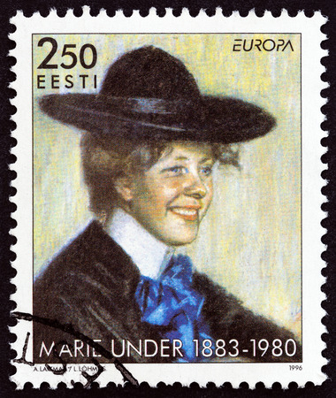 ESTONIA - CIRCA 1996: A stamp printed in Estonia from the Europa, Famous Women issue shows poet Marie Under (portrait by Estonian artist Ants Laikmaa,1904), circa 1996.のeditorial素材