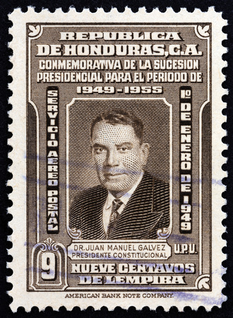 HONDURAS - CIRCA 1949: A stamp printed in Honduras from the Inauguration of President Juan Manuel Galvez issue shows President Juan Manuel Galvez, circa 1949.のeditorial素材