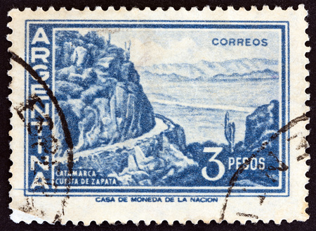 ARGENTINA - CIRCA 1959: A stamp printed in Argentina shows Zapata Hill, Catamarca, circa 1959.のeditorial素材