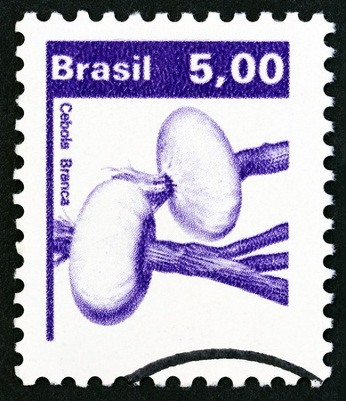 BRAZIL - CIRCA 1982: A stamp printed in Brazil from the Agricultural Products issue shows onions (Allium sp.), circa 1982.のeditorial素材