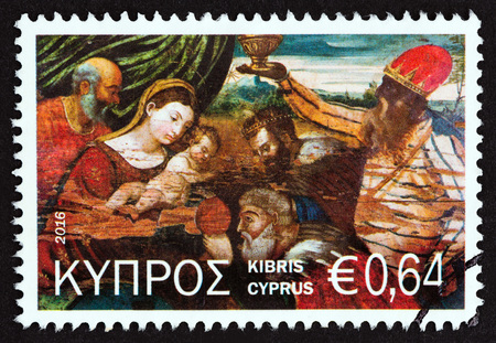 CYPRUS - CIRCA 2016: A stamp printed in Cyprus from the Christmas issue shows Adoration of the Magi, circa 2016.のeditorial素材