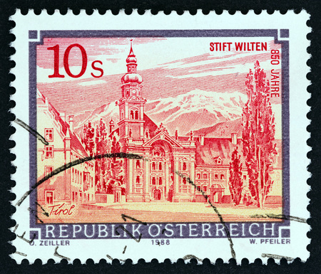 AUSTRIA - CIRCA 1988: A stamp printed in Austria from the Monasteries and Abbeys issue shows Wilten Abbey, Innsbruck, circa 1988.のeditorial素材