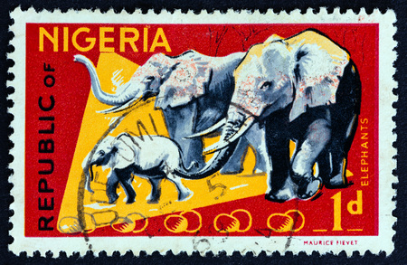 NIGERIA - CIRCA 1965: A stamp printed in Nigeria shows African Elephants, circa 1965.のeditorial素材