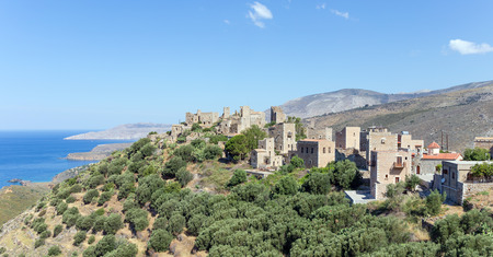 View of Vatheia village in Mani, known for its abandoned tower-houses, Peloponnese, Greece.の写真素材