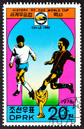 NORTH KOREA - CIRCA 1978: A stamp printed in North Korea from the History of the World Cup issue shows Chile, 1962, circa 1978.のeditorial素材