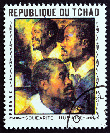 CHAD - CIRCA 1969: A stamp printed in Chad from the World Solidarity, Paintings issue shows Three Africans by Rubens, circa 1969.のeditorial素材