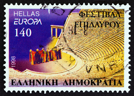 GREECE - CIRCA 1998: A stamp printed in Greece from the EUROPA - Festivals and National Celebrations issue shows the Epidaurus Festival, circa 1998.のeditorial素材