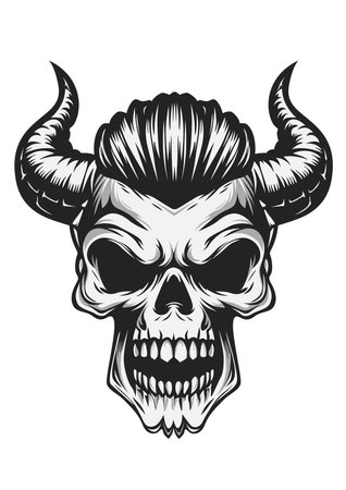 Gentleman Demon Skull with horns and mustaches. Tattoo design. Vector illustration.のイラスト素材