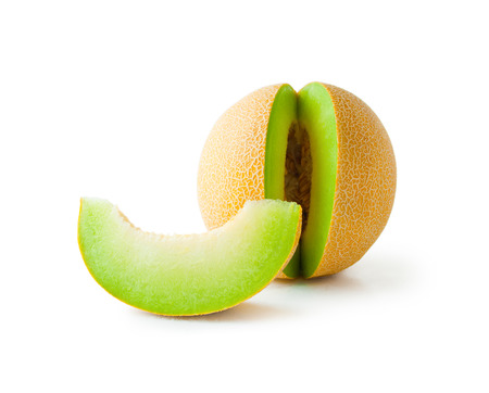 Melon honeydew. Ripe fresh melon honeydew and a slice isolated on white backgroundの写真素材