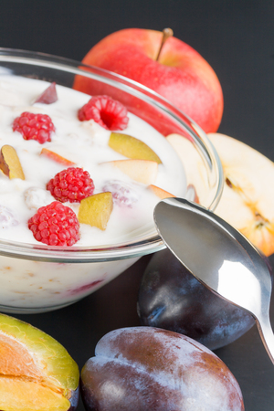 Yogurt with fruits. Glass bowl filled with yogurt mixed various with fruit pieces arranged with spoon plums and apples around close up  on dark  backgroundの写真素材