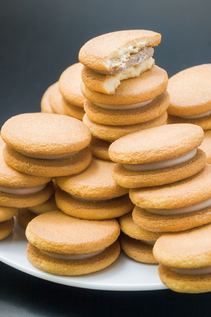 Sweet sandwich-biscuits filled with hazelnut cream arranged in a pyramid in a white plate with one bitten biscuit on top close up on dark neutral background.の写真素材