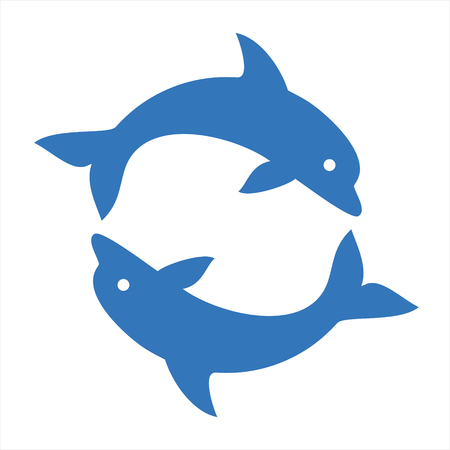 Two dolphins form a circle, marine logo, ocean life, tourism symbol, blue color, simple flat vector illustration isolated on white backgroundのイラスト素材