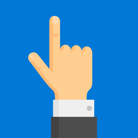 Hand with pointing finger up with black suit sleeve, vector illustration on blue backgroundのイラスト素材