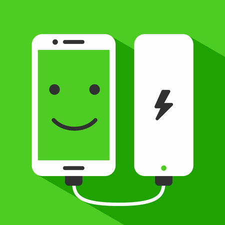Phone with smile face charging with power bank, vector illustrationのイラスト素材