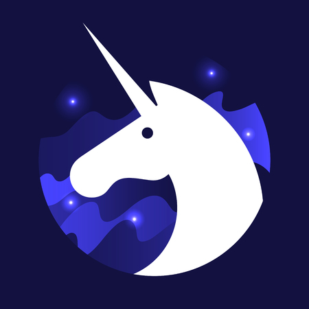 Card with white magic unicorn, vector illustration on blue backgroundのイラスト素材