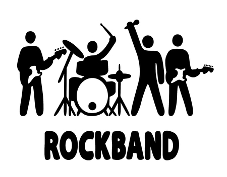 Rock band, bassist, drummer, vocalist and guitar player icons, simple vector illustrationのイラスト素材