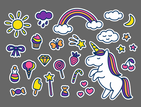 Set of stickers in cartoon doodle style for print. Cute magic collection with unicorn, clouds, sun, heart, stars, rainbow, sweets and other elements for babies and girls. Isolated vector illustrationのイラスト素材