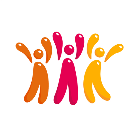 Happy three people colorful icon, family, team, in jumping with hands up expressing joy, energy lifestyle symbol, vector illustration isolated on white backgroundのイラスト素材