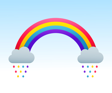 Rainbow and clouds, colorful drop raining on blue sky, vector illustrationのイラスト素材