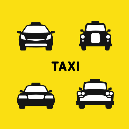 Taxi various times, old and modern taxi cab, front silhouette icons set, vector illustrationのイラスト素材