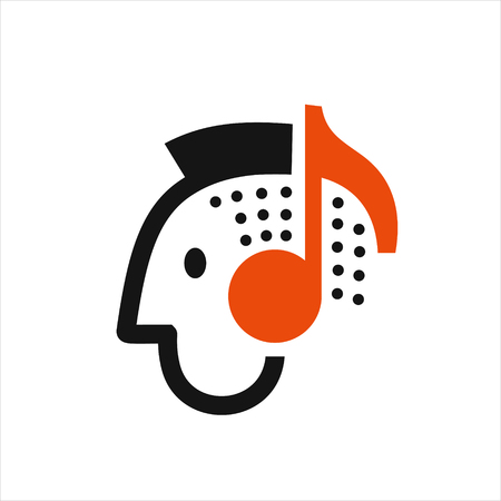 Man listening to music on headphones, head with headphones in the form of notes symbol, music lover icon vector illustration on white backgroundのイラスト素材