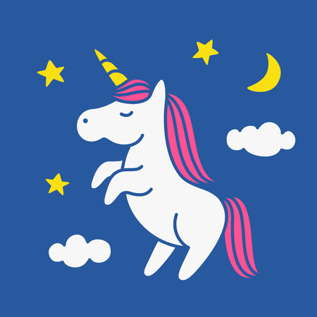 Cute magic unicorn on night sky with clouds, moon and stars cartoon style vector illustration, poster, greeting cardのイラスト素材
