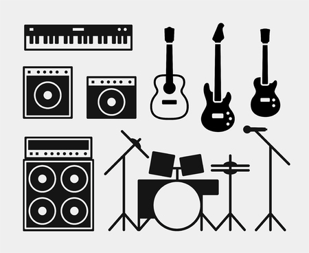 Music rock band instruments set, piano, amplifiers and combo amp, drums, acoustic and electric guitars and bass guitar, microphoneのイラスト素材