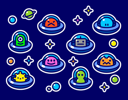 UFO aliens stickers collection, different colorful extraterrestrials in flying saucers set with stars and planets, fat line cartoon style, baby vector illustration on blue backgroundのイラスト素材