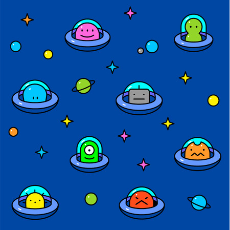 UFO aliens collection, different colorful extraterrestrials in flying saucers with stars and planets, thin line cartoon style, baby vector seamless pattern on blue backgroundのイラスト素材