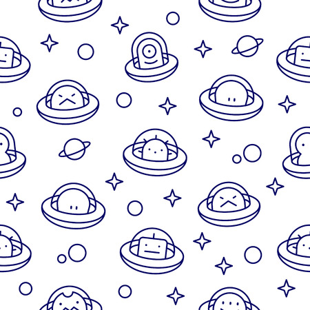 UFO aliens collection, different extraterrestrials in flying saucers with stars and planets, outline cartoon style, baby vector seamless pattern on white backgroundのイラスト素材