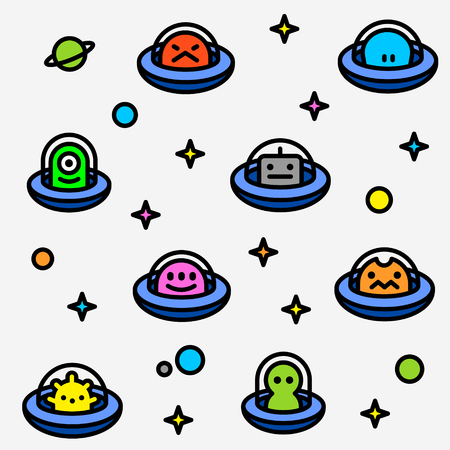 UFO aliens collection pattern, different colorful extraterrestrials in flying saucers with stars and planets, fat line cartoon style, childish vector seamless backgroundのイラスト素材