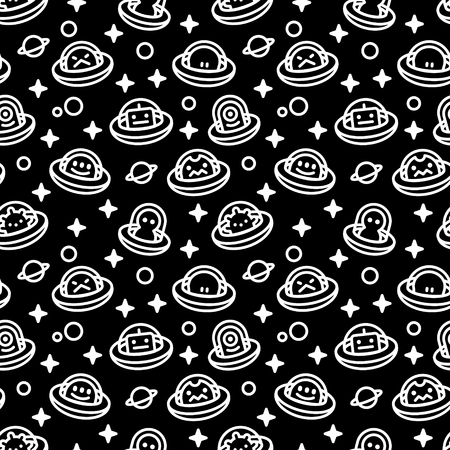 UFO aliens collection, different extraterrestrials in flying saucers with stars and planets, white fat line cartoon style, baby vector seamless pattern on black backgroundのイラスト素材