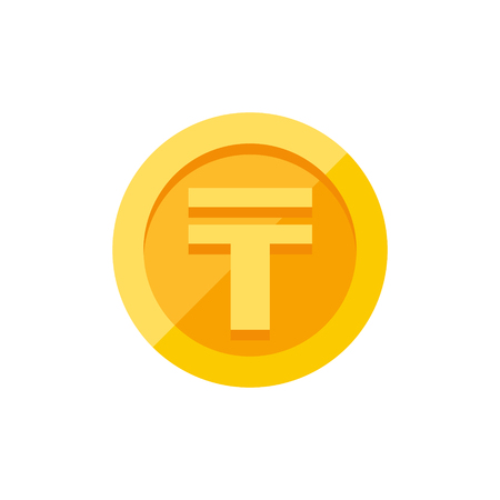 Kazakhstani tenge currency symbol on gold coin, money sign flat style vector illustration isolated on white backgroundのイラスト素材