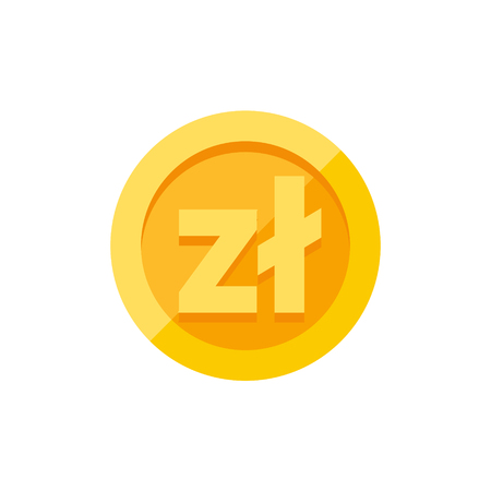 Polish zloty currency symbol on gold coin, money sign flat style vector illustration isolated on white backgroundのイラスト素材