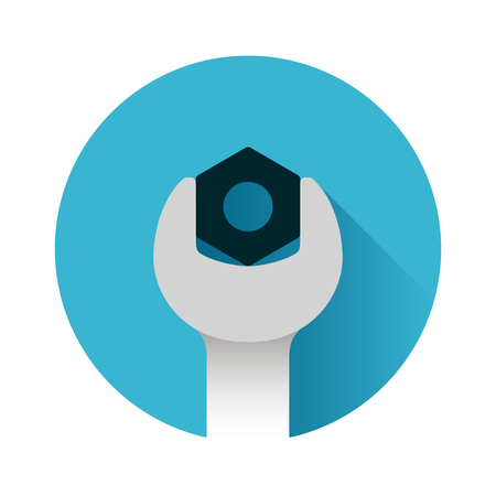 Spanner twists a nut, blue round icon wrench to tighten the screws, settings symbol, flat style vector illustration isolated on white backgroundのイラスト素材