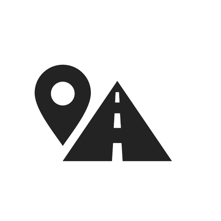 Route location symbol, map pin sign and road, black icon, vector illustration isolated on white backgroundのイラスト素材