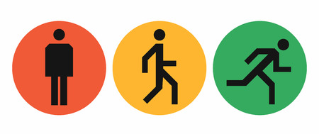 Stand, walk and run icons in red, yellow and green circles, states of the human body position, simple abstract man signs vector illustration isolated on white backgroundのイラスト素材