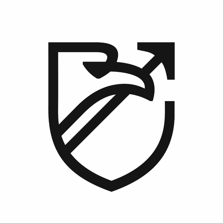 Eagle with an arrow in beak, black logo in the form of a shield, vector illustration isolated on white backgroundのイラスト素材