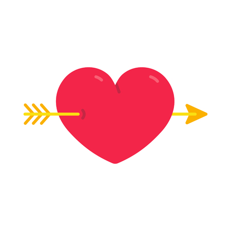 Heart with arrow, valentines day love symbol, Cupid gold arrow pierced red heart, vector illustration isolated on white backgroundのイラスト素材