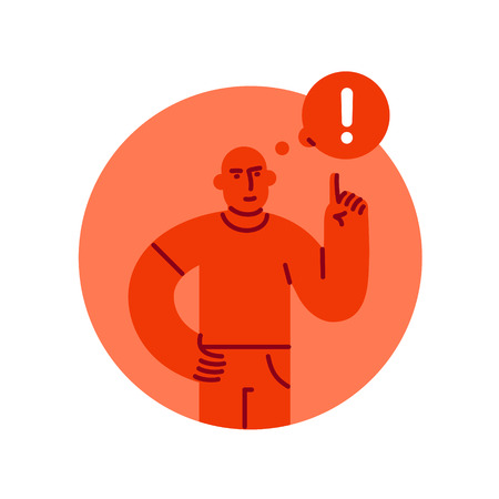 Severe man with a raised finger up with exclamation mark in speech bubble, concept of danger and warning, red color simple flat style vector illustration isolated on white backgroundのイラスト素材