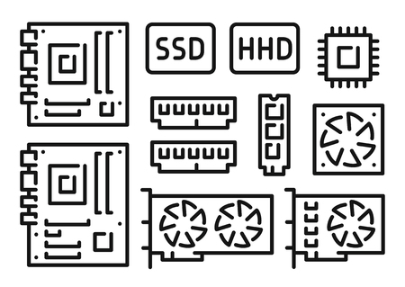 Motherboard, video card, cpu, ram, disk, computer components icons set vector illustration on white backgroundのイラスト素材