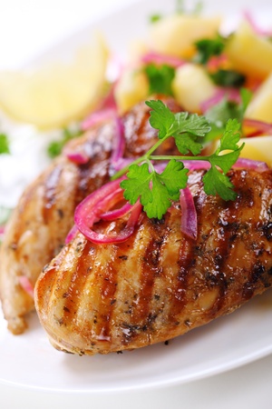 Grilled chicken breast on white plate の写真素材