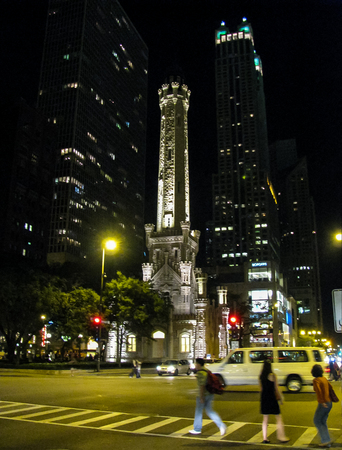 Chicago, IL USA - The Chicago Water Tower at Nightのeditorial素材