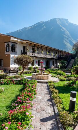 Colorful Spanish architecture and market place in Yucay, Peru.の写真素材