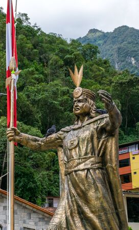 Statues of Inca Emperor Pachacuti in Aguas Calientes square in Peru outside Machu Picchu.の写真素材