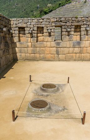 Fountains at the Inca site of Machu Picchu in Peru.の写真素材