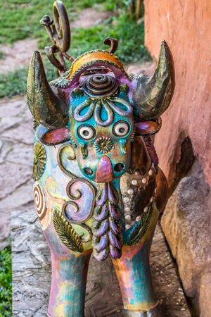 Decorative bull at the Awanacancha Textile site in Peru outside of Cusco.の写真素材