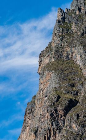Inca solstice face in the side of the mountain at the site at Ollantaytambo in the Sacred Valley of Peru.の写真素材