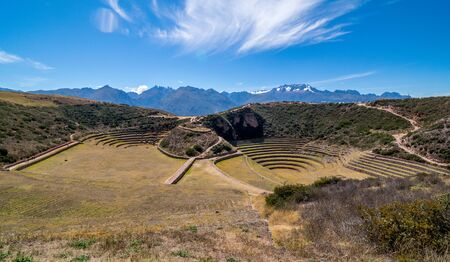 Moray contained large Inca made concentric ring terraces used for mass agriculture experiments in the various microclimates they created on the different terraces in Peru.の写真素材