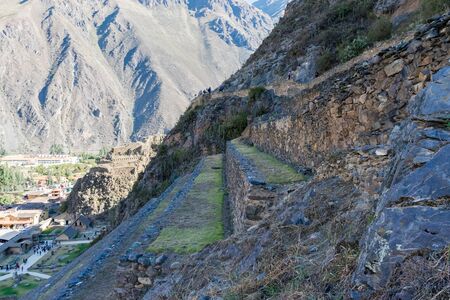 Inca site and village at Ollantaytambo in the Sacred Valley of Peru.の写真素材